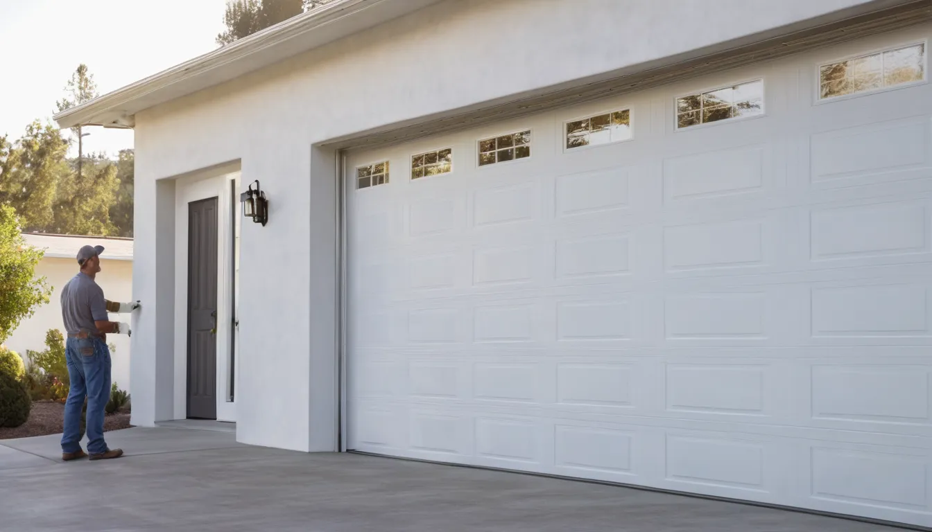 A provider finishing a new garage door installation on a stucco ranch home in Menifee
